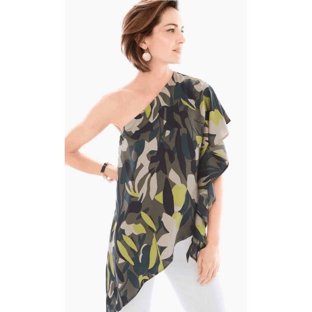 Chico's Black Label One Shoulder Ruffle Top Camo Green Size 12 100% Silk